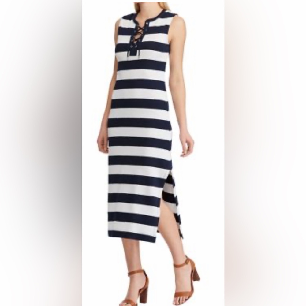 CHAPS Women Dress XL Blue & White Stripe Sleeveless Nautical Lace Up Side Slit
